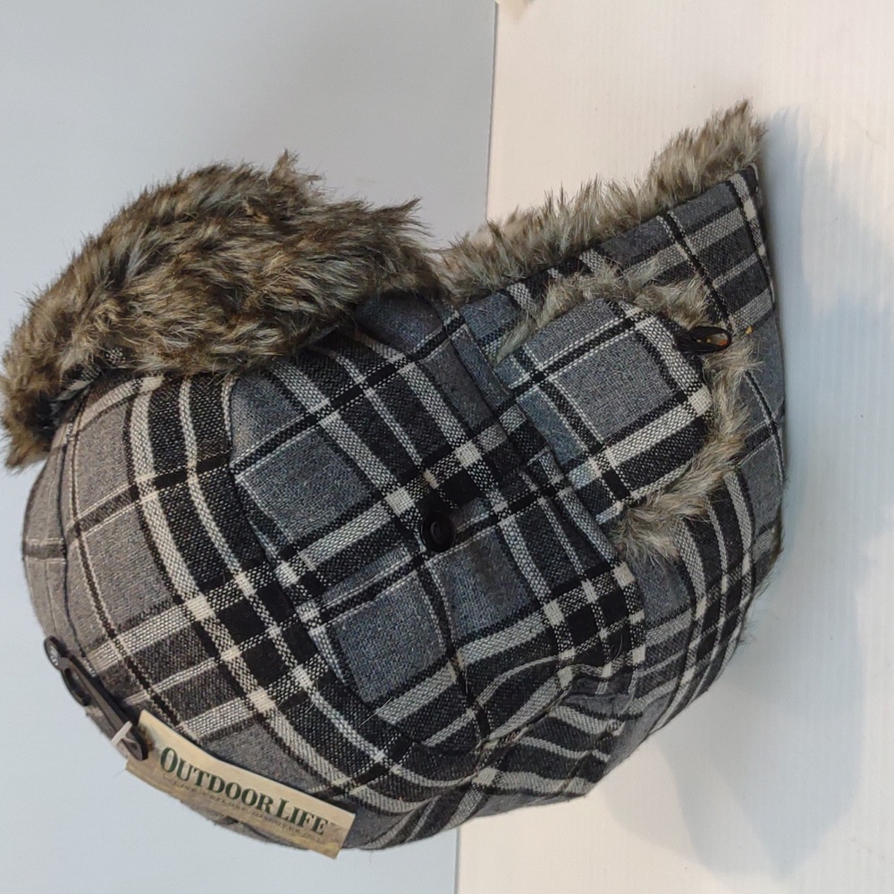 Outdoor Life Black Plaid Faux Fur Trapper Bomber Winter Hat S/M NWT - Picture 4 of 16